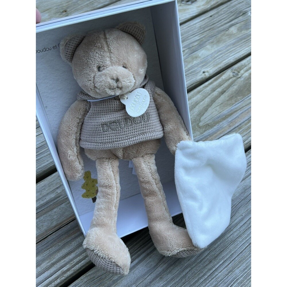 Doudou et Compagnie Beige Teddy Bear Embroidered Shirt Holding Blanket Lovey New